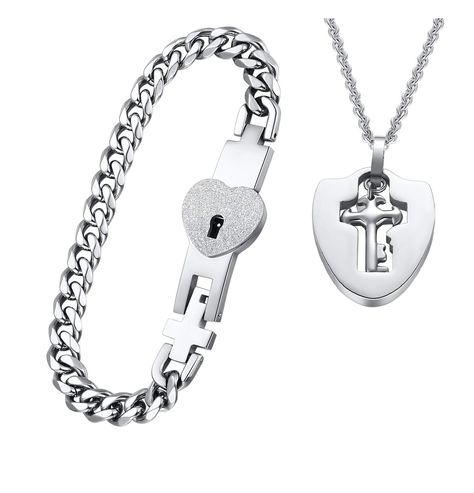 PRICES MAY VARY. Romantic Couple Jewelry Set: Lock and Key Necklace design with a lock bracelet and a heart key necklace.Romantic matching couples jewelry symbolize that only this key can open the heart lock, One heart-shaped lock bracelet and one key-in-heart necklace pendant, perfect for symbolizing the unique bond between two people Premium Quality Materials: Crafted from Titanium stainless steel, these tag necklaces are built to last. They are resistant to rust, corrosion, and tarnishing, ensuring that your meaningful engravings remain pristine over time Elegant Design: A heart lock with a glittery surface on the bracelet and a matching heart-shaped pendant with a cross design, both offering a stylish and meaningful accessory choice. The sleek and modern design ensures these pieces can Lock Bracelet Key Necklace, Matching Jewelry For Couples, Jewelry Matching, Key And Lock, Couples Jewelry, Couple Heart, Lock Bracelet, Love Symbol, Key Pendant Necklace