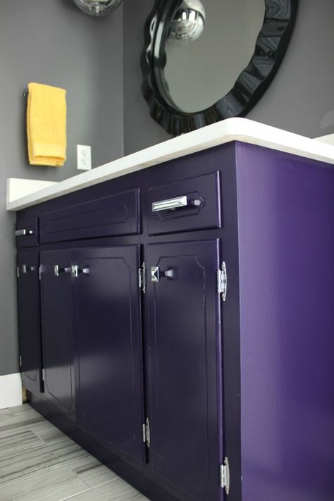 Best Cabinet Paint, Purple Bathroom, Half Bathroom Remodel, Mobile Home Bathroom, Kitchen Cabinets Pictures, Purple Bathrooms, Cabinet Remodel, Bathroom Remodel Tile, Floor Remodel