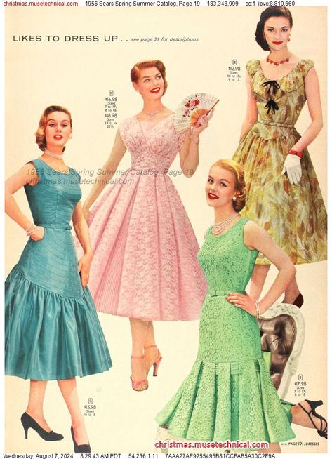 1956 Sears Spring Summer Catalog, Page 19 - Catalogs & Wishbooks 1956 Fashion Women, 1950s Formal Fashion, 1950s Womens Fashion, Late 1950s Fashion, Teen Party Dresses, 1954 Fashion, 1955 Fashion, Fifties Outfits, Hedda Gabler