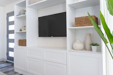 Ikea Besta Media Built-in Hack - West Eleven Lane Ikea Tv Wall Unit, Ikea Wall Units, Ikea Entertainment Center, Ikea Besta Cabinet, Ikea Built In, Ikea Tv, Tv Built In, Built In Entertainment Center, Room Hacks