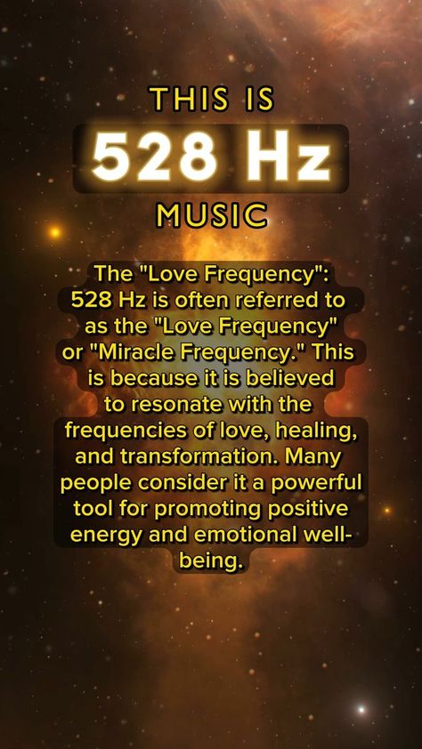 The "Love Frequency": 528 Hz is often referred to as the "Love Frequency" or "Miracle Frequency." This is because it is believed to resonate with the frequencies of love, healing, and transformation. Many people consider it a powerful tool for promoting positive energy and emotional well-being. #528hz #love #frequency #peace #selflove #universe #manifestation #positiveenergy #solfeggio #fypシ゚ | Ambient Stream Miracle Frequency, Artist Management Music, Universe Manifestation, Love Frequency, Vision Board Images, Solfeggio Frequencies, Healing Frequencies, Daily Positive Affirmations, Wealth Affirmations