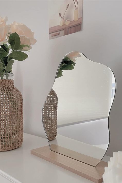 This frameless decorative vanity table mirror is lightweight and easy to carry. It is also very convenient to install and assemble by yourself. Irregular shapes are more unique, unique and beautiful, and the self in the mirror is simply more beautiful and handsome! Boho Vanity, Squiggly Mirror, Vanity Table Mirror, College Room Decor, Aesthetic Bedroom Ideas, Mirror Room, Scandi Boho, College Room, Minimal Space