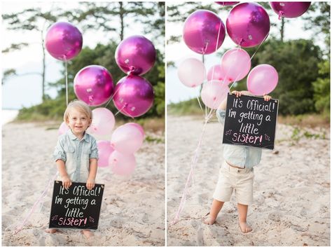 Virginia Beach Maternity Photography. Gender reveal pink balloons, chalkboard sign, big brother little sister, Angie McPherson Photography Sibling Gender Reveal, Baby Gender Announcements, Baby 2 Announcement, Gender Reveal Photography, Second Baby Announcements, Baby Announcement Ideas, Maternity Photography Beach, Pregnancy Announcement Sibling, Big Brother Announcement