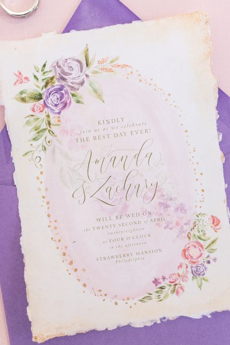 floral themed wedding inviation #weddingplanning #fantasy #rapunzel #weddinginvitation #fairytalewedding #bespoke #weddinginspiration Rapunzel Inspired Wedding, Rapunzel Wedding Theme, Fairy Light Wedding, Disney Wedding Invitations, Rapunzel Wedding, Tangled Wedding, Floral Themed Wedding, Favorite Disney Princess, Debut Ideas