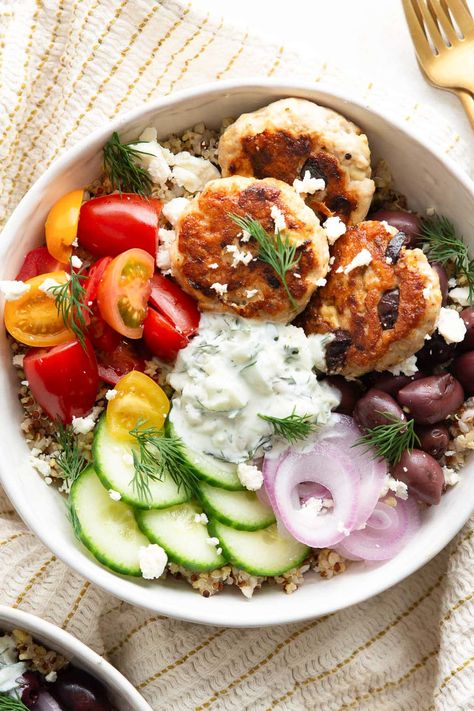 Greek Turkey Burgers - iFoodReal.com Turkey Burger Bowl, Greek Turkey Burger Recipes, Greek Turkey Burgers With Tzatziki Sauce, Turkey Burger Feta Spinach, Greek Burgers Turkey, Turkey Burgers With Feta, Greek Yogurt Guacamole, Greek Turkey, Greek Turkey Burgers