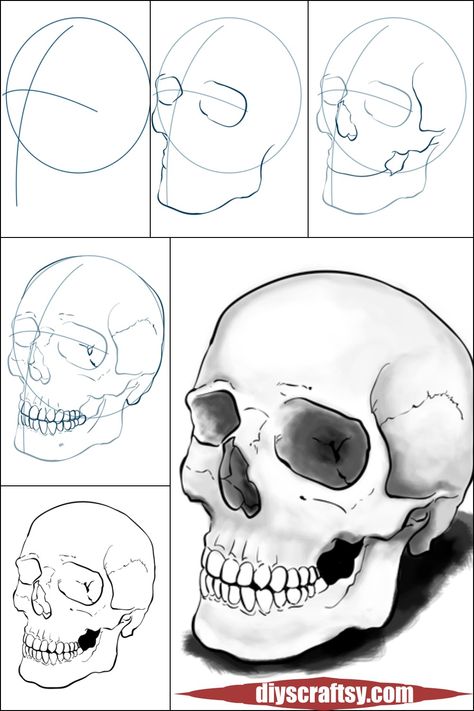 Learn to draw skulls with this easy-to-follow tutorial. Start with a simple circle and make a few faint guidelines that help you place the jawline, teeth, and eye sockets. Next, you'll add shading to create shadows and give your drawing depth. Skull Art Step By Step, Skull Ideas Drawings, Skull Teeth Drawing, How To Draw Teeth Step By Step, How To Shade Teeth, How To Add Shadows To A Drawing, Drawing Skulls Sketches, Skull Step By Step Drawing, Skull Tutorial Drawing