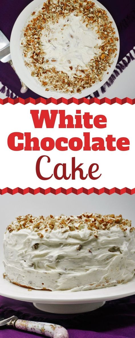 White Chocolate Cake is a moist and tender cake with coconut and pecans that is topped with a creamy white chocolate cream cheese frosting. Top it with more pecans and it's like a white chocolate twist on a German Chocolate Cake. | White German Chocolate Cake | Frosting for White Chocolate Cake | White Chocolate Coconut Pecan Cake | Recipes with Cake Flour | Layer Cake #WhiteChocolate #Cake #Recipes #GermanChocolate #CreamCheeseFrosting White German Chocolate Cake With Cheesecake Center, White German Chocolate Cake, Coconut Pecan Cake Recipe, Chocolate Cake With Cheesecake, German Chocolate Cake Frosting, White Chocolate Cream Cheese Frosting, Cake Flour Recipe, White Chocolate Desserts, German Chocolate Cake Recipe