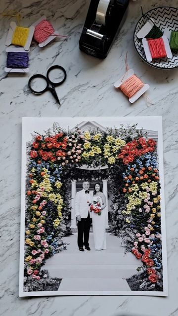 Embroidery On Black And White Photo, Embroidered Wedding Photo, Embroidered Photo Art, Embroidered Photo, Floral Arch Wedding, Wall Decor Crafts, Embroidered Wedding, Floral Arch, Black And White Photographs