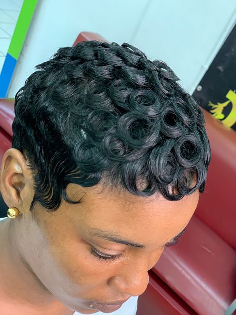 Pin Curls On Short Hair, Pin Curl Pixie Cut Black Women, Short Pin Curls For Black Women, Short Hair Pin Curls, Pin Curls For Black Women, Pixie Curls, Curled Pixie Cut, Curled Pixie, Pin Curl