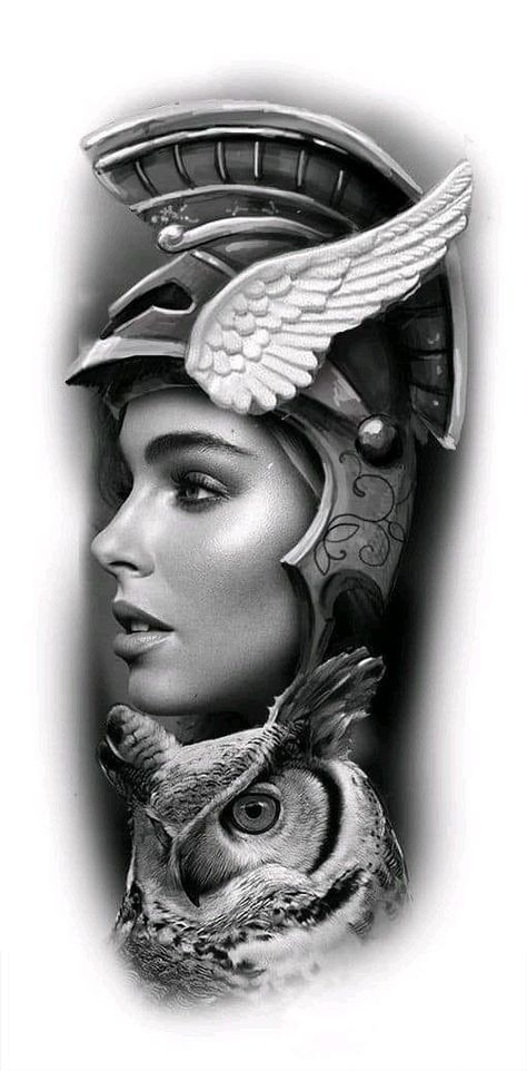 Athena Tattoo, Greek God Tattoo, Female Warrior Tattoo, Valkyrie Tattoo, God Tattoo, Girl Face Tattoo, Tattoo Meanings, Statue Tattoo, Greek Mythology Tattoos