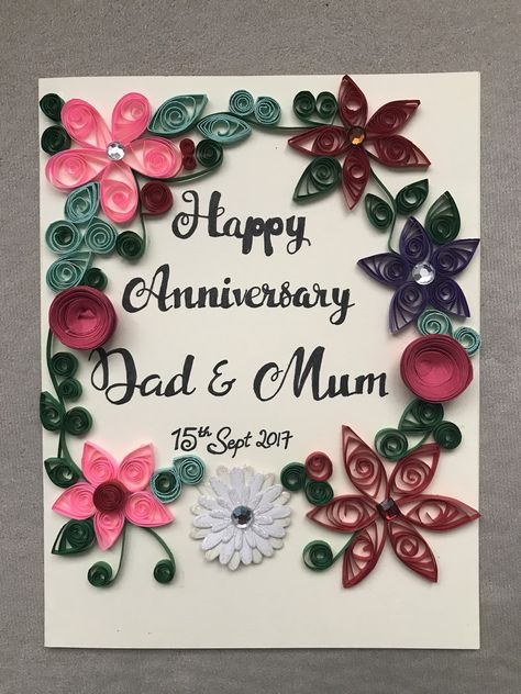 Happy Anniversary Greeting Card  #handmade #diy #greetingcard #anniversary #congratulations #weddingcard #quilling #flowers #colorful Anniversary Gifts For Parents Diy, Diy Anniversary Cards For Parents, Parents Wedding Anniversary, Card For Parents, Diy Anniversary Cards, Handmade Anniversary Gifts, Anniversary Crafts, Anniversary Diy, Happy Anniversary Card