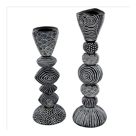 So exotic! These contemporary candlesticks set a dramatic scene for a singularly sophisticated room. Ready to hold your 1 inch diameter tapers, each geometric candlestick rises in a unique design with an aesthetically striking function. Cast in quality designer resin with a hand painted ebony and white finish, these strikingly versatile sculptures are a focal point with a mood all their own. Our modern masterpieces also make a unique gift! Set of Two: Each 3.5 inch dia.x10-12 inch H. 1 lb. Candl Sophisticated Room, Contemporary Candle Holders, Dramatic Scene, African Inspired Decor, Ethno Style, African Decor, Crushed Stone, Candle Sizes, Design Toscano