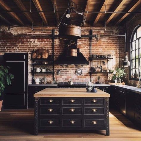 Brick Aesthetic, Industrial Loft Kitchen, Custom Kitchen Remodel, Industrial Kitchen Design, Barn Kitchen, Loft Kitchen, Industrial Style Kitchen, Brick Kitchen, Kitchen Walls