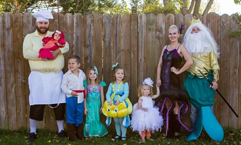 Little Mermaid Under the Sea Group Costume! Family Costume Idea - Ariel Flounder Scuttle Eric Ursula Triton Chef Sebastian Little Mermaid Family Costume, Mermaid Family Costume, Family Costumes For 4, Sebastian Little Mermaid, Mermaid Family, Family Costumes Diy, Costume Family, Sibling Costume, Mermaid Halloween Costumes