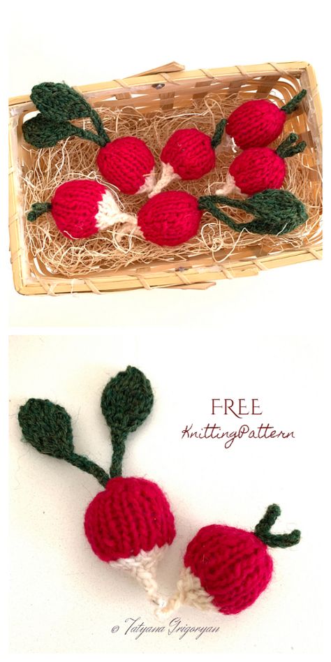 Knit Toy Radish Free Knitting Patterns - Knitting Pattern Knit Vegetables Free Pattern, Knit Food Patterns Free, Knitted Fruit And Veg Free Pattern, Knit Vegetables, Knit Food, Knit Fruit, Knitted Decorations, Knitted Food, Knitted Amigurumi