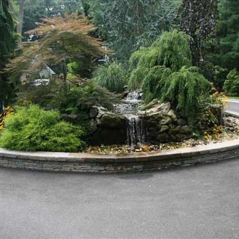 Circular Driveway Design with Water Feature - Landscape - New York - by Long Hill Masonry | Houzz Circular Drive Landscaping Ideas, Driveway Roundabout Landscaping, Round Driveway Landscaping, Driveway Water Feature, Round About Driveway Landscaping, Circular Driveway Design, Half Circle Driveway Landscaping, Circular Driveway Landscaping, Driveway Fountain