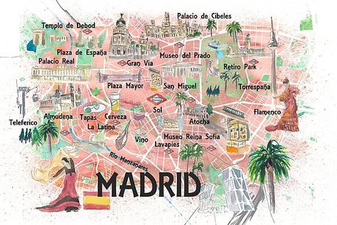 Madrid Spain Illustrated Travel Map with Roads Landmarks and Tourist Highlights Madrid Attractions, Illustrated Maps, Madrid Travel, Los Angeles Art, Spanish Vocabulary, Travel Map, Prague Czech Republic, Illustrated Map, Spain And Portugal