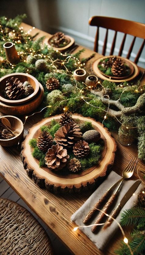 Rustic Christmas Party Decorations Table, Earthy Christmas Table Decor, Natural Woodsy Christmas Decor, Earthy Table Setting, Natural Christmas Table Decor, Pinecone Tablescape, Moss Table Setting, Christmas Table Settings Rustic, Round Table Christmas Centerpieces