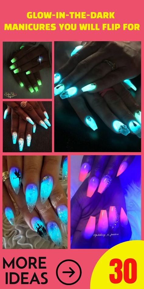 Glow-In-The-Dark Manicures You Will Flip For Glow In The Dark Nails Acrylic Designs, Glow Party Nails, Nails Glow In The Dark, Short Glow In The Dark Acrylic Nails, Glow In Dark Nails, Almond Glow In The Dark Nails, Short Glow In The Dark Nails, Neon Glow Nails, Glow In The Dark Disney Nails