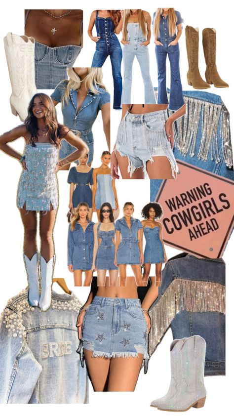 Denim Bachelorette Party, Denim Themed Party Outfit, Western Bachelorette Party Outfits, Denim Cowgirl Outfit, Denim And Diamonds Party Outfit, Bachelorette Party Outfit Themes, Nashville Bachelorette Party Outfit, Denim Party Outfit, Cowgirl Bachelorette Party Outfits