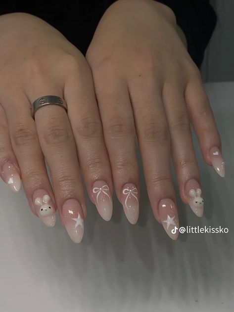 Nail Ideas Coquette, Miffy Nails, Simple Nail Ideas, Easy Nail Ideas, Nail Inspired, Coquette Nails, Ballet Nails, Band Nails, Quiet People