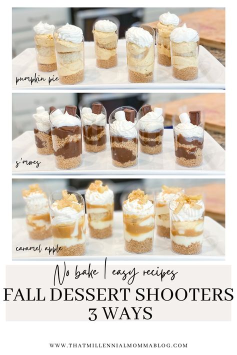 Mini Pumpkin Dessert Cups, Mini Shooters Desserts, Wedding Desserts In A Cup, Pumpkin Cheesecake Dessert Cups, Mini Dessert Shooters Easy, Blue Parfait Desserts, Wedding Food Ideas Fall, Shooter Glass Desserts, Individual Serve Desserts