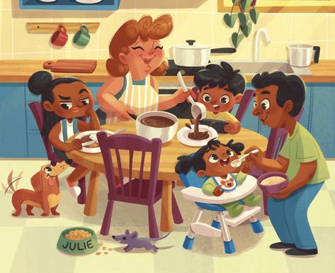 Mom Cooking Illustration, Dining Room Illustration, Child Books Illustration, Attention Worksheets, Kids Stories Illustration, Dinner Illustration, Group Characters, Wordless Picture Books, Illustration Art Kids