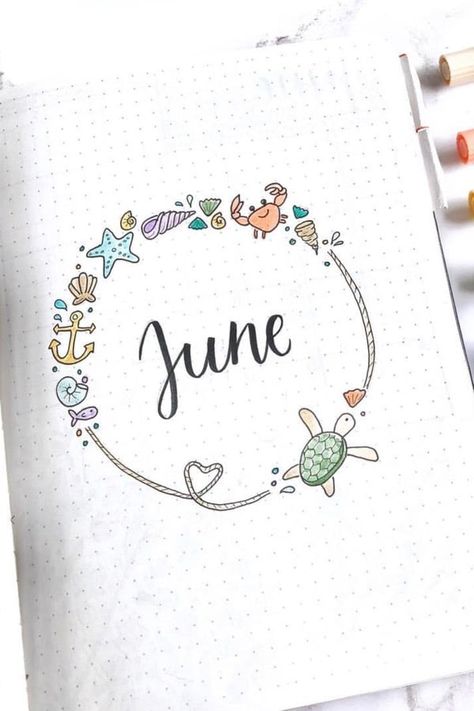 The best bullet journal monthly cover spreads and ideas for June! #bujo #bujocover #monthlycover #bulletjournal Monthly Cover Ideas, Bullet Journal Mood Tracker, Minimalist Bullet Journal, March Bullet Journal, February Bullet Journal, Bullet Journal Month, January Bullet Journal, Bullet Journal 2020, Bullet Journal Quotes