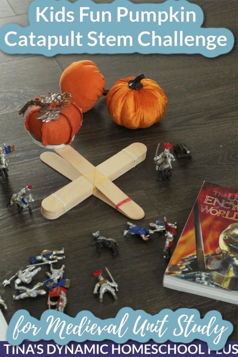 Kids Fun Pumpkin Catapult Stem Challenge for Medieval Unit Study.Your kids will love making this fun pumpkin catapult stem challenge where you're doing a fall unit study or medieval unit study. This pumpkin catapult stem challenge will incorporate science, technology, engineering, math, and history into one fun activity. A medieval times unit study is the perfect time to try out this hands-on activity to teach weaponry as well as those STEM skills. #pumpkincatapultstemchallenge Pumpkin Catapult Stem Challenge, Tapestry Of Grace, Homeschool Lesson Plans, Fun Pumpkins, Homeschool Crafts, History For Kids, Autumn Activities For Kids, Homeschool History, Stem Challenges