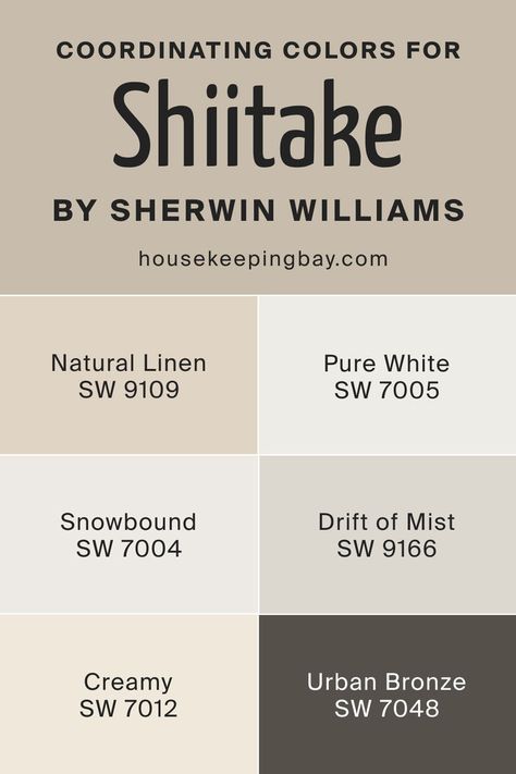 Shiitake SW 9173 by Sherwin Williams - Coordinating Colors Natural Linen Color Palette, Sw Shiitake, Sw Creamy, Bronze Color Palette, Drift Of Mist, Urban Bronze, Balanced Beige, Wall Colours, Paint Colors For Living Room