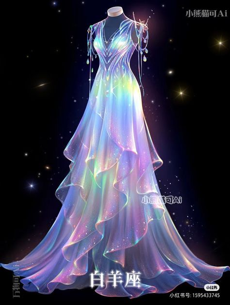 Iridescent Fantasy Dress, Technology Dress Design, Iridescent Evening Gown, Opal Iridescent Dress, Celestial Dress Drawing, Outer Space Dress, Iridescent Ball Gown, Aurora Borealis Dress, Celestial Dresses