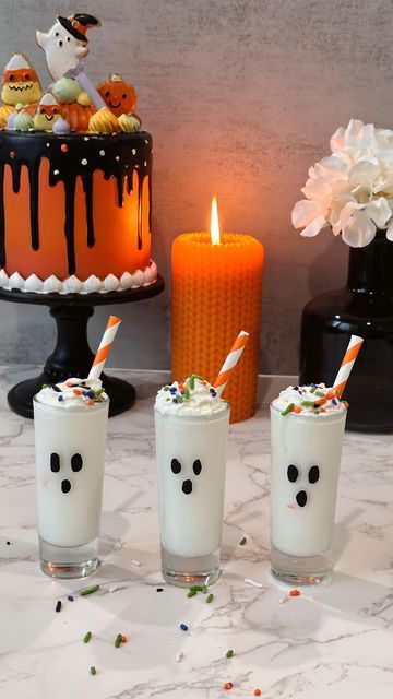 Erin Rae │ Hosting, Dinner Parties, DIYs on Instagram: "Boo!! 👻👻👻 Save these little ghost drinks for a spooky soirée! 

It’s time to embrace the spooktacular season, let this ghostly drink inspire you to create unforgettable memories! Let the haunting festivities begin! 🎉🥂

It’s very easy to make and so cute! 

Ingredients (for 3 2oz shot glasses)
Vodka or whipped vodka 
White chocolate liqueur 
Half and half, creamer or milk 
Ice 
Whipped cream and sprinkles 

Directions 
Add ice to a shaker 
Add 3oz of vodka 
Add 2.5 oz of chocolate liqueur 
Add 2 oz of creamer/milk
Shake well
Top with whipped cream and sprinkles 

Follow @revexrae for more hosting tips and inspo! 

#hostingtips #partyideas #datenightideas  #spookyseason #cocktail  #dinnerpartyideas  #SpookySoiree #GhostlyDrinks #Ha Half And Half Creamer, Ghost Drink, Spooky Drinks, Whipped Vodka, White Chocolate Liqueur, Chocolate Liqueur, Little Ghost, Milk Shake, The Haunting