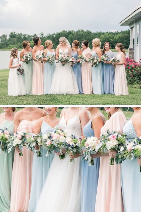 Lovely pastel bridesmaids dresses in a summer wedding from Azazie.  Check out this Summer wedding.  Azazie dresses, Spring wedding, Flagstone Farm, Outdoor wedding, Bridal Party, Tuscaloosa Wedding, Alabama Wedding, Fort Worth Wedding Photographer, Wedding Bouquet, Spring Bouquet Multi Color Bridesmaid Dresses Pastel, Pastel Wedding Party Attire, Pastel Bouquet Wedding Bridesmaid, Summer Pastel Bridesmaid Dresses, Pastel Spring Wedding Bridesmaids, Outdoor Summer Wedding Bridesmaid Dresses, Soft Pastel Bridesmaid Dresses, Spring Bridesmaid Dresses Colors Shades, Mismatched Bridesmaid Dresses Spring Pastel Colors