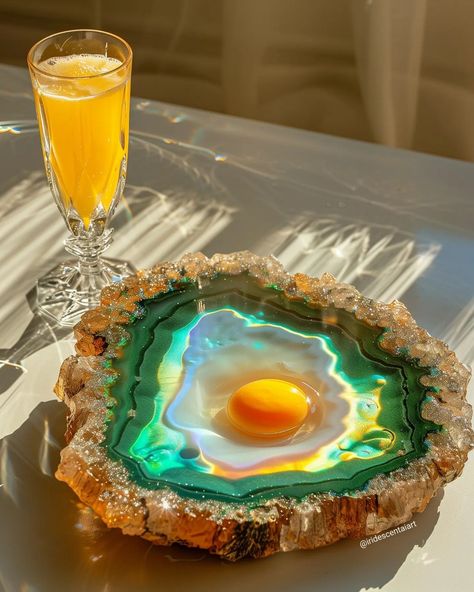 𝙱𝚛𝚎𝚊𝚔𝚏𝚊𝚜𝚝 𝚒𝚜 𝚜𝚎𝚛𝚟𝚎𝚍 🍳🍊💎 #Eggs #Geode #Crystals #Breakfast #Iridescent #IridescentAIArt #IridescentArt #SaturdayMood #SaturdayVibes #Weekend #OrangeJuice Geode Crystals, Broken Egg, Easy Food Art, Sparkly Things, Easy Food, Pretty Food, Cute Food, Travel Aesthetic, Food Art