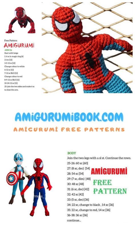 Spiderman Amigurumi Free Pattern – Amigurumibook.com Amigurumi Spiderman, Baby Bibs Patterns Free, Crochet Dinosaur Patterns, Disney Crochet Patterns, Doll Amigurumi Free Pattern, Free Amigurumi Crochet Patterns, Giraffe Crochet, Baby Bibs Patterns, Crocheted Toys