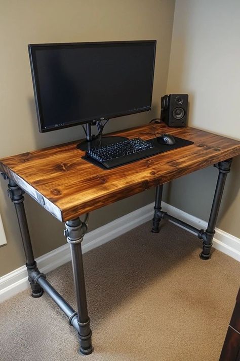 "Add a modern twist to your workspace with a DIY Industrial Pipe Desk! 🛠️🏭 A great project for those who love minimalist and functional design. 🌿✨ #DIYProjects #IndustrialFurniture #HomeOfficeStyling" Industrial Pipe Desk, Pipe Desk, Industrial Style Interior, Industrial Office Design, Pipe Furniture, Industrial Pipe, Metal Pipe, Diy Metal, Industrial Furniture