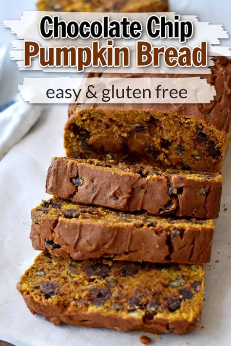 This easy recipe for Gluten Free Chocolate Chip Pumpkin Bread makes a moist, tender quick bread. If you enjoy adding healthy pumpkin to your baking, you have to try this pumpkin chocolate chip bread. Chocolate Chip Pumpkin Bread Gluten Free, Gluten Free Chocolate Pumpkin Bread, Gluten Free Punkin Bread, Pumpkin Bread Recipe Gluten Free, Easy Gluten Free Pumpkin Bread, Best Gluten Free Pumpkin Bread, Moist Gluten Free Pumpkin Bread, Gluten Free Pumpkin Chocolate Chip Bread, Pumpkin Dessert Gluten Free