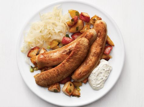 Bratwurst with Sauerkraut and Apple-Potato Hash recipe from Food Network Kitchen via Food Network Fall Weeknight Dinners, Spring Pasta Recipes, Easy Thanksgiving Dinner, Potato Hash Recipe, Easy Fall Dinners, German Cooking, Classic Grilled Cheese, Hash Recipe, Thanksgiving Dinner Recipes