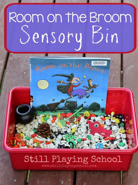 Room on the Broom by Julia Donaldson Sensory Bin Retelling Activity from Still Playing School Room On The Broom Activities, Retelling Activities, Room On The Broom, Julia Donaldson, Halloween Sensory, Story Activities, Halloween Preschool, Sensory Boxes, Fall Preschool