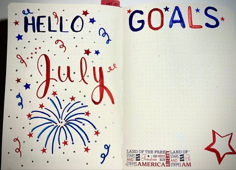 Front Bullet Journal cover for the month of July and Goals page. July Bullet Journal Cover, July Bullet Journal, Bullet Journal Cover, Goals Bullet Journal, Journal Notes, Bullet Journal Notes, Month Of July, Journal Inspo, Journal Cover