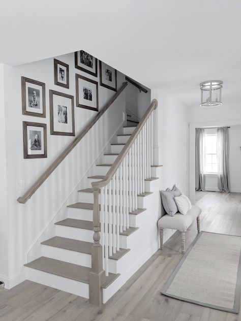 White And Grey Staircase, Grey And White Staircase, Gray Staircase, Grey Staircase, Staircases Ideas, Painted Stair Railings, Railing Makeover, Kitchen Cabinets Decor Ideas, Stair Railing Makeover