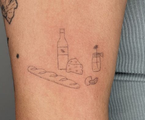 Cheese Board Tattoo, Charcuterie Tattoo, Baguette Tattoo, Picnic Tattoo, Small Quirky Tattoos, Cheese Tattoo, Pie Tattoo, Pasta Tattoo, Bread Tattoo