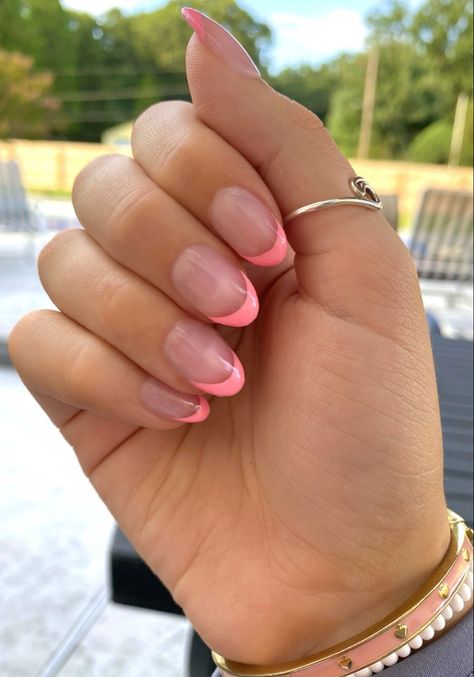 Pink french tips~ 💞🌟 #nails #nailart #naildesign #nailsideas #preppy #tips #frenchtipnails #pink #trendy #credit #aesthetic Almond Nails Acrylic Short, French Tip Summer Nails 2023, Cute Short Acrylic Nails Almond Shape, Trendy Nails Almond Shape Summer, Nail Designs Almond Shape Pink, Cute Short Almond Nails French Tip, Nail Inspo 1 Color, Cute Colored French Tip Nails, Preppy Nails Almond Shape