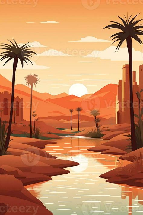 illustration of a desert landscape with palm trees and a river. generative ai. Landscape With Palm Trees, River Graphic, Cold Porcelain Tutorial, Backgrounds Illustration, Palm Trees Landscaping, Desert Mountains, Desert Art, Desert Landscape, Amazing Views