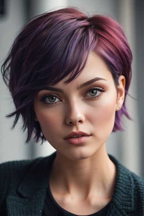 From Pixie to Bob: Short Hairstyles That Perfectly Suit Round Faces 3 From Pixie to Bob: Short Hairstyles That Perfectly Suit Round Faces Pixie Haircut Purple, Short Hair Color Trend 2024, Purple Pixie Haircut, Short Auburn Hair Bob, Auburn Pixie Haircut, Short Hair Cuts For Women Round Face, Pixie To Bob, Purple Pixie Cut, Short Auburn Hair