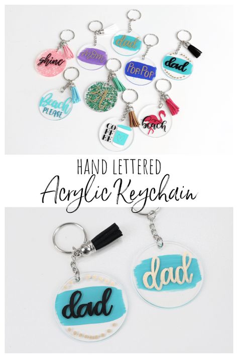 Hand Lettered Acrylic Keychains Painted Acrylic Keychains, Brush Script Fonts, Faux Calligraphy, Calligraphy For Beginners, Acrylic Keychains, Tag Ideas, Word Design, Paint Marker, Acrylic Keychain