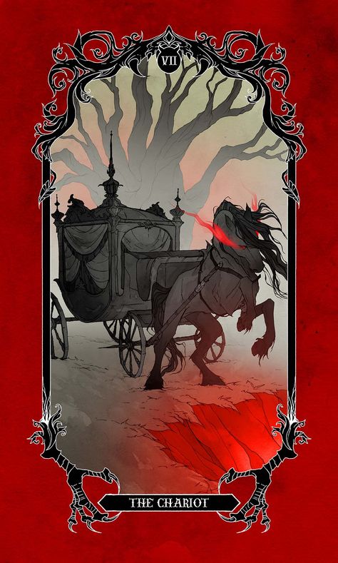 Abigail Larson on Twitter: "A peek at "The Horror Tarot" coming this summer ❤️‍🔥🧪🕯️… " The Chariot Tarot Card Art, Chariot Tarot, Tarot Cards Art Illustration, Magic Illustration, The Chariot Tarot, Abigail Larson, Gothic Books, Vintage Tarot, Disney Books