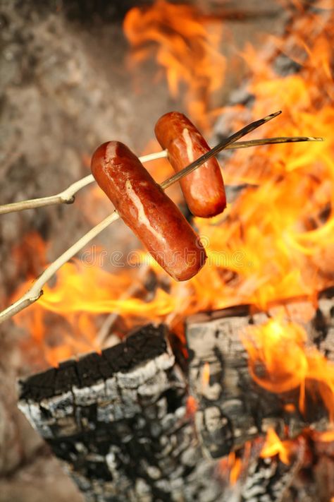 BBQ sausages on sticks. Camping in the wild - two smoked barbecue sausages on st , #SPONSORED, #sticks, #Camping, #BBQ, #sausages, #wild #ad Campfire Cooking, Crisp Air, Camping Food, Back To Nature, The Ranch, Simple Pleasures, A Fire, Bushcraft, Campfire