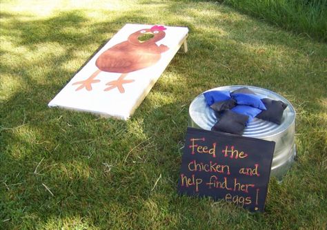 Farm party games feed the chicken cornhole board toss game Chicken Games For Kids, Ffa Games, Cottage Games, Farm Party Games, Chicken Birthday, Chicken Games, Tractor Birthday Party, Farm Animal Crafts, Pumpkin Festival