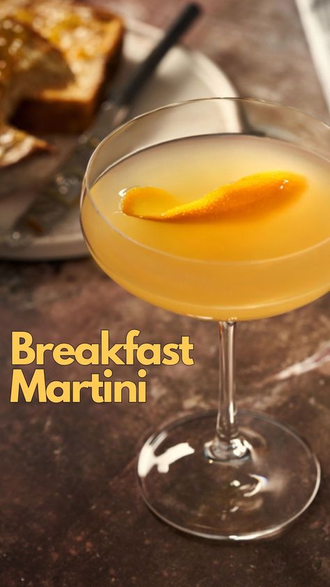 The Breakfast Martini is a modern masterpiece that redefines the morning cocktail experience. What sets this concoction apart is the secret ingredient: a spoonful of orange marmalade. #BreakfastMartini Breakfast Martini Recipe, Marmalade Cocktail, Orange Espresso Martini, Whiskey Breakfast Cocktail, Morning Cocktails, Drinks With Orange Bitters, Martini With Lemon Twist, Breakfast Martini, Cointreau Cocktails